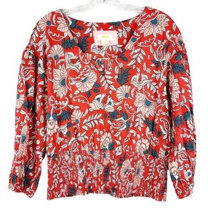 Anthropologie Maeve red v-neck floral print smocked hem peasant blouse size M